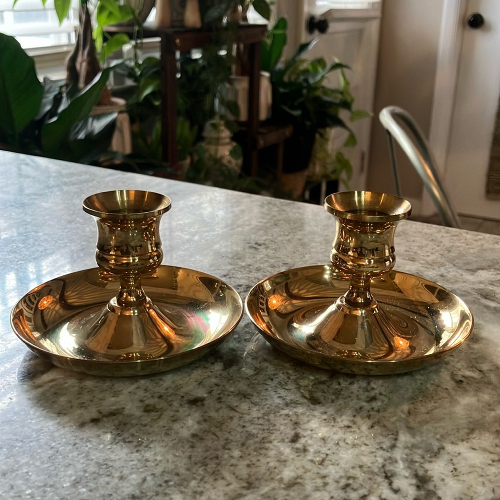 Vintage Polished Brass Candlestick Holder Pair - Picture 2 of 7